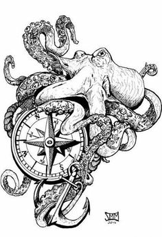 an octopus is sitting on top of a compass and other marine animals are around it