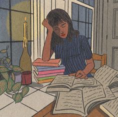 a woman sitting at a table with an open book in front of her and a stack of books behind her