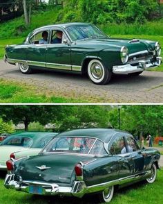 an old green car is parked on the side of the road next to another classic car