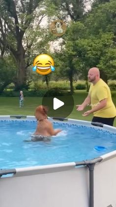 a man and his dog are playing in the pool with an emoticive ball