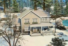 this is an artist's rendering of a house in the snow with trees around it