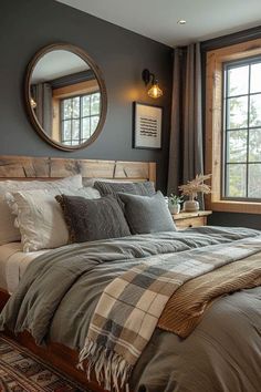 a large bed sitting under a window next to a wooden headboard and foot board