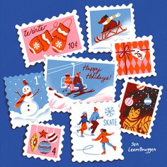 a bunch of stamps that are on top of a blue surface with snowmen and christmas decorations