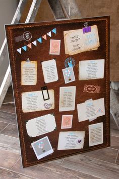 a brown bulletin board with lots of different things on it