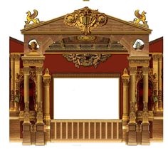 an ornately decorated stage with columns and arches on the sides, painted in gold