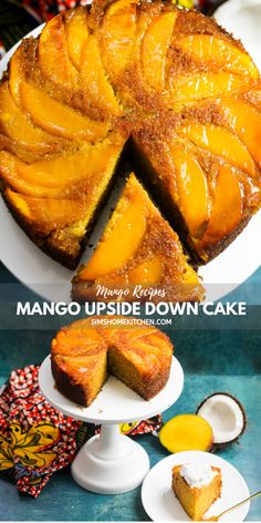 mango upside down cake on a white plate with two slices cut out and one slice missing