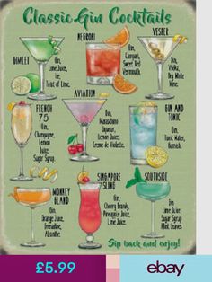 a poster with different types of cocktails on it's side, including the names and