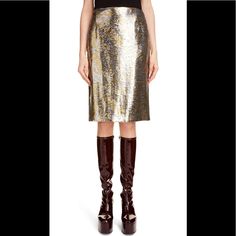 Silver With Gold Spectacular Skirt! Full Of Glamour, Brand New With Tags , Size 42 Eu, Pictures Have More Details And Description Elegant Metallic Skirt With Sequins, Luxury Fitted Gold Skirt, Elegant Metallic Mini Skirt, Chic Metallic Skirt For Formal Occasions, Chic Formal Metallic Skirt, Luxury Party Pencil Skirt, Metallic Lined Skirt For Evening, Elegant Gold Knee-length Skirt, Elegant Fitted Silver Skirt