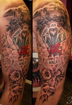 this is an image of a half sleeve tattoo with roses and hearts on the arm