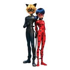 two cartoon characters standing next to each other wearing catwoman costumes and catsuits