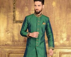 Indian Kurta Sherwani,indian Wedding Dress,wedding Dress for Men,mens Wedding Sherwani, Sherwani for Men - Etsy Green Naqshi Sherwani For Wedding, Ceremonial Green Sherwani With Naqshi Detailing, Formal Green Sherwani With Pallu, Green Bollywood Sherwani With Self Design, Green Bollywood Sherwani For Designer Wear, Green Dabka Sherwani For Wedding, Wedding Semi-stitched Green Sherwani, Bollywood Style Festive Churidar For Groom, Long Sherwani For Diwali