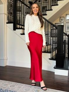 The Best Black Friday Sales 2024 - Merrick's Art Red Christmas Outfits For Family, Red Satin Skirt Outfit Winter, Red Slip Skirt Outfit, Red Silk Skirt Outfit, Long Skirt And Sweater Outfit, Red Satin Skirt Outfit, Long Silk Skirt Outfit, Satin Skirt Outfit Winter, Chunky White Sweater