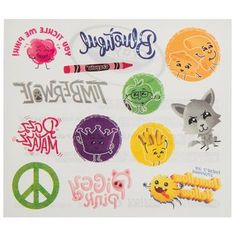 various stickers are shown on a white sheet with the words and symbols in different colors