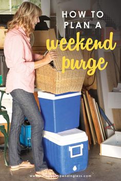 a woman standing next to a stack of boxes with the words how to plan a weekend puge