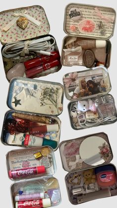 several open tins with various items in them