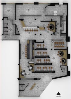 the floor plan for a restaurant with tables, chairs and seating areas on each side