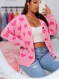 Free Returns ✓ Free Shipping✓. SHEIN Qutie Plus Heart & Argyle Pattern Drop Shoulder Cardigan- Plus Size Cardigans at SHEIN. Pink Heart Sweater, Pink Cardigan Outfit, Shoulder Cardigan, Shein Sweater, Pink Heart Pattern, Drop Shoulder Cardigan, Plus Size White, Fitted Coat, Argyle Pattern