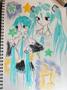 a drawing of two girls with blue hair and stars on their head, one girl is wearing a dress