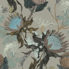 a floral wallpaper with blue and brown flowers on a gray background, including leaves