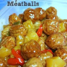 meatballs and pineapples are mixed together in a meal with the words crockpot hawaiian meatballs