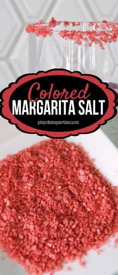 red crushed margarita salt on a white plate with the words colored margarita salt above it