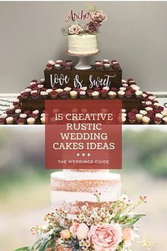 a wedding cake on top of a table with the words love is sweet above it