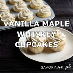 vanilla maple whiskey cupcakes on a white plate