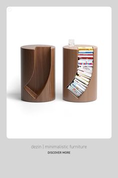 two wooden bookshelves with magazines in them and the words design minimalistic furniture discovery more