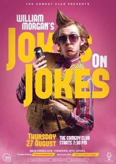 a poster for the comedy show joks on jokes, featuring a man in a clown suit