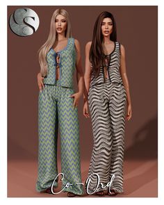 two dolls are standing next to each other in front of a brown background and one is wearing a green chevron jumpsuit