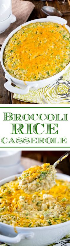 broccoli rice casserole in a white dish on a wooden table with text overlay