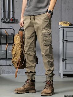 Russoo - Mens Stylish Solid Cargo Pants: Versatile Multi-Pocket Trousers for Casual or Outdoor Wear, Ideal for Work or Streetwear with a Hip Hop Flair Tactical Cargo Pants, Fabric Weaving, Casual Cargo Pants, Mens Work Pants, Streetwear Hip Hop, Hip Hop Style, Outdoor Pants, Loose Fit Jeans, Cargo Pants Men