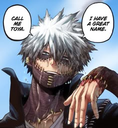 an anime character with white hair holding his hand up to the camera and two speech bubbles above him