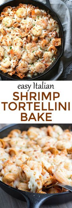 an easy italian shrimp tortellini bake in a cast iron skillet