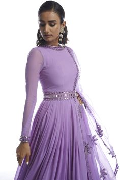 Vvani By Vani Vats-Purple Chiffon Anarkali Set-INDIASPOPUP.COM Purple Long Dress Indian, Pleated Gown Indian, Anarkali Dress With Belt, Purple Ethnic Wear Women, Pleated Anarkali Dress, Georgette Long Frocks Indian, Mirror Work Frock Design, Anarkali Gown Floor Length, Purple Indian Outfit