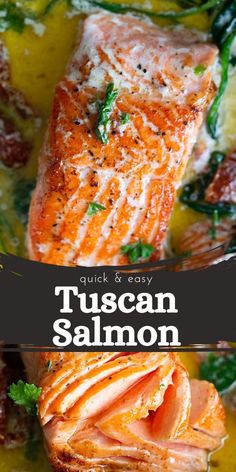 Creamy Tuscan salmon with spinach and sun-dried tomatoes. This easy Tuscan butter salmon recipe is best with pasta, rice, or garlic bread!