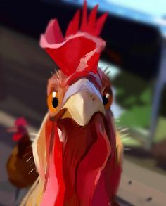 a close up of a rooster on a street