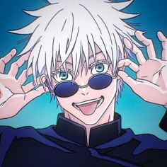 an anime character wearing sunglasses and holding his hands up to his ears with one hand