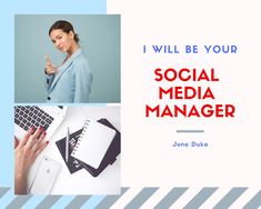 there is a woman holding a pen and pointing at the camera with text that reads, i will be your social media manager