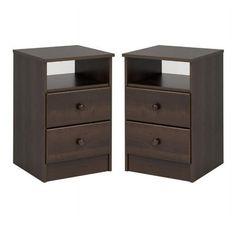 two brown wooden nightstands with drawers on each side, one is open and the other has