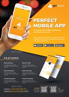 a modern mobile app flyer template with an orange and black background, it has a hand holding