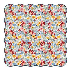 an image of a flowered placemat on a white background with red, yellow and blue flowers