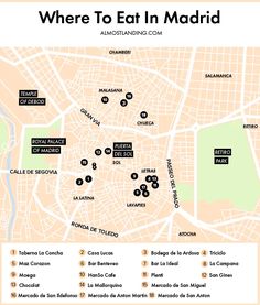 a map showing where to eat in madrid, with the names and locations on it