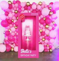 an image of a birthday party with pink and gold balloons in the shape of a cake