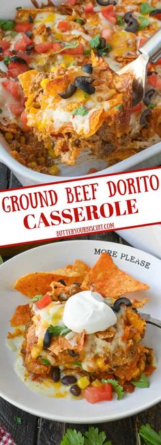 the casserole is loaded with ground beef, black beans, cheese and sour cream