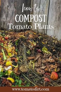 a pile of leaves and apples in front of a wooden fence with text overlay how to compost tomato plants