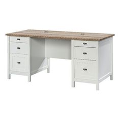 a white desk with two drawers and a wooden top