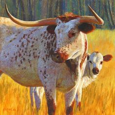 a painting of two cows standing in a field