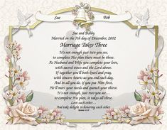 a wedding poem with roses and doves on the border is shown in this ornate frame