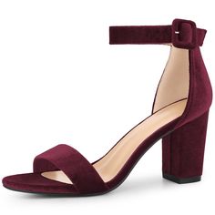 PRICES MAY VARY. [ Material ]: 3 colors: Black, Burgundy, Pink; Faux Velvet Upper; Rubber Sole; ABS Heel 👠 Heel Height: 3.3' inches (approx 8.5cm) [ FEATURES ]: Open toe; block heel; buckle closure; ankle strap; lightly padded; classic party shoes, strappy sandals [ Good for Various Occasions]: Whether a party, work, date, wedding, cocktail, nightclub, homecoming, seas, travel, or other special occasions [ Match ]: You can wear them with many outfits your jeans, pants, or skirt 👠 A must-have i Burgundy Sandals, Heel Sandals For Women, Ankle Strap Chunky Heels, Chunky Heel Sandals, Velvet Shoes, Footbed Sandals, Chunky Heels Sandals, Open Toe Shoes, Prom Shoes